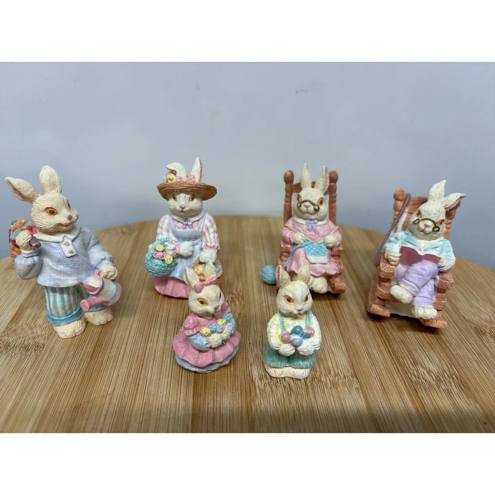 Vintage Lot Easter Rabbit Bunny Figurine Family Colorful Resin Cottagecore